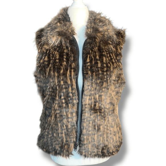 Deadstock Vintage 90s Faux Fur Vest Brown Black Feather Textured Pattern Small - Picture 8 of 13